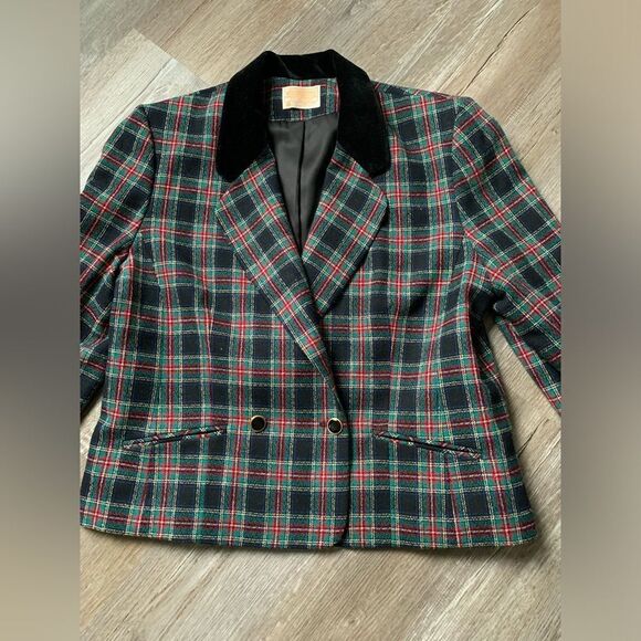 VTG Pendleton Wool Blazer Velvet Jacket Plaid Black Red Blue Green Size M L 16 - Picture 2 of 8